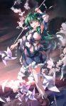  1girl arm_up clouds detached_sleeves frog frog_hair_ornament green_eyes green_hair hair_ornament highres kochiya_sanae long_hair long_sleeves looking_at_viewer nodata open_mouth pinwheel shirt skirt sky snake snake_hair_ornament solo thigh-highs touhou toy very_long_hair white_legwear wide_sleeves wink zettai_ryouiki 