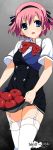  apple character_request food fruit mizuki_makoto pink_hair school_uniform short_hair skirt_basket thighhighs zettai_ryouiki 