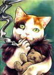    absurdres calico cat cigarette highres smoke smoking stuffed_toy traditional_media uirina 