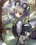  1girl animal_ears basket capelet cherry_blossoms dowsing_rod flower forest gem grass grey_hair highres jewelry looking_at_viewer mouse mouse_ears mouse_tail nature nazrin necklace open_mouth pendant petals red_eyes rock shirt shope short_hair skirt skirt_set solo standing tail touhou tree 