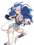  1girl alternate_costume animal_ears big_hair blue_eyes blue_hair bracer breasts capcom cat_ears cat_tail choker claws felicia fringe fur hairband highres japanese_clothes kimono large_breasts long_hair no_panties obi official_art onimusha_soul parted_lips pasties paws short_kimono slit_pupils solo tail thighhighs vampire_(game) wink 