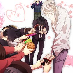  black_hair book brain brown_hair cake choe_gu-sung danshi_koukou_valentine food hat heart hoshiya_asua kougami_shin&#039;ya makishima_shougo mido_masatake money necktie oryou_rikako parody psycho-pass sasayama_mitsuru senguji_toyohisa short_hair touma_kouzaburou white_hair 