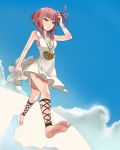  1girl angorilla ankle_lace-up barefoot cross-laced_footwear dress feet floating magi_the_labyrinth_of_magic morgiana red_eyes redhead sky soles walking 