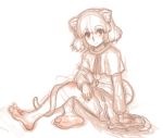  1girl animal_ears barefoot blush feet grey_hair highres kuro_suto_sukii monochrome mouse_ears mouse_tail nazrin short_hair sitting sketch solo tail toes touhou 