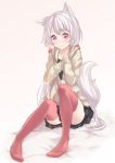  1girl animal_ears collarbone fox_ears fox_tail gradient gradient_background hands_on_own_chest jacket long_hair long_sleeves no_shoes original pink_eyes pink_legwear ray-akila shirt silver_hair sitting skirt smile solo tail thigh-highs twintails very_long_hair zettai_ryouiki zipper 