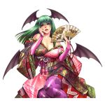  1girl alternate_costume artist_request bare_shoulders bat_print bat_wings breasts bridal_gauntlets capcom demon_girl fan green_hair hand_on_own_face head_wings highres japanese_clothes kimono large_breasts lips lipstick long_hair makeup morrigan_aensland off_shoulder official_art onimusha_soul pantyhose print_pantyhose red_eyes solo succubus vampire_(game) wings 