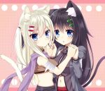  2girls animal_ears bandages black_hair blue_eyes breasts cat_ears cat_tail hair_ornament hair_ribbon hairclip highres holding_hands interlocked_fingers kiyu_(kiyupapiko) long_hair looking_at_viewer midriff multiple_girls navel open_mouth original pink_background ribbon scarf tail twintails under_boob white_hair zipper 
