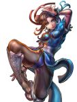  1girl artist_request blue_eyes boots bracelet breasts brown_hair bun_cover capcom china_dress chinese_clothes chun-li cross-laced_footwear double_bun highres jewelry kicking knee_boots lace-up_boots lips official_art onimusha_soul pantyhose parted_lips sash short_hair solo spiked_bracelet spikes street_fighter 