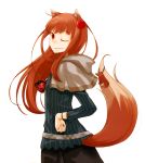  1girl ;) absurdres animal_ears apple ayakura_juu brown_hair food fruit hair_ornament hand_on_hip highres holo long_hair looking_back pouch red_eyes simple_background smile solo spice_and_wolf tail white_background wink wolf_ears wolf_tail wristband 