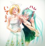  2girls angry aqua_eyes aqua_hair biting blonde_hair breasts dress fang hair_ornament hatsune_miku highres kagamine_rin long_hair multiple_girls nail_polish open_mouth shiny shiny_skin sundress twintails violet_eyes vocaloid wokada 