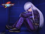  1girl artist_request belt breasts cropped_jacket highres highress king_of_fighters king_of_fighters_2001 kula_diamond leg_hug lips long_hair looking_at_viewer nose official_art pants red_eyes snk solo wallpaper white_hair 