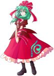  1girl alphes_(style) boots bow dairi dress frills front_ponytail green_eyes green_hair hair_bow hair_ribbon kagiyama_hina parody ribbon smile solo style_parody touhou white_background 