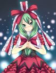  1girl :o absurdres blush bow corset cyoppu dress frills front_ponytail green_eyes green_hair hair_bow hair_ribbon highres kagiyama_hina open_mouth ribbon solo touhou 