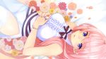  1girl blue_eyes bow flower long_hair looking_at_viewer lying megurine_luka pink_hair settyaro solo vocaloid 