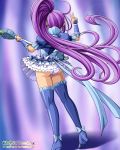  1girl back boots cure_beat earrings electric_guitar frilled_skirt guitar heart highres instrument jewelry kurokawa_ellen long_hair magical_girl onoe panties precure purple_hair side_ponytail siren_(suite_precure) skirt solo suite_precure thigh-highs thigh_boots underwear v watermark web_address 