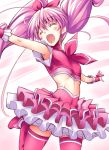  1girl bow brooch choker closed_eyes cure_melody frills heart houjou_hibiki jewelry jumping kaneda_mitsuko long_hair magical_girl midriff open_mouth pink_hair pink_legwear precure ribbon skirt smile suite_precure thigh-highs twintails 