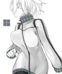  1girl breasts head_out_of_frame jacket large_breasts long_sleeves monochrome original plaid pupps short_hair simple_background solo spot_color white_background zipper 