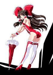  1girl alternate_costume armband bare_back bare_shoulders bow brown_eyes brown_hair closed_umbrella hair_bow hair_tubes hakurei_reimu high_heels leotard long_hair looking_back open_mouth racequeen shirai_sanjirou shoes striped striped_legwear thigh-highs touhou umbrella very_long_hair wrist_cuffs 