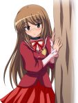  1boy brown_hair choker glasses kami_nomi_zo_shiru_sekai katsuragi_keima long_hair looking_at_viewer school_uniform simple_background solo trap vfenster white_background 