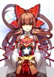  1girl adapted_costume ascot bow breasts brown_eyes brown_hair capelet cleavage detached_sleeves dress hair_bow hair_tubes hakurei_reimu highres long_hair long_sleeves looking_at_viewer open_mouth red_dress roh_nam_kyung sash smile solo star touhou very_long_hair wide_sleeves 