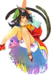  1girl animal_ears arms_up bare_legs bell black_hair bloomers bowtie cat_ears cat_tail chen grin hat jingle_bell kodamahikari legs multiple_tails pose red_shoes shoes smile solo tail touhou traditional_media underwear watercolor_(medium) white_background yellow_eyes 