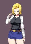  1girl android_18 belt blonde_hair breasts buckle dragon_ball dragon_ball_z impossible_clothes impossible_shirt large_breasts long_sleeves miso_(misosiruoisi) short_hair skirt solo 