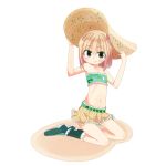 1girl :q bare_shoulders blonde_hair flat_chest food_as_clothes food_themed_clothes green_eyes kanikama looking_at_viewer midriff miniskirt navel original oversized_object personification potato_chips seiza short_hair simple_background sitting skirt solo tongue tubetop white_background 