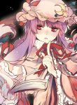  1girl book crescent dress hat long_hair patchouli_knowledge purple_hair red_eyes ribbon ruco solo touhou 