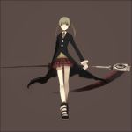  1girl brown_hair green_eyes lemontea long_hair maka_albarn necktie plaid plaid_skirt scythe skirt solo soul_eater twintails 