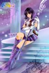  1girl artist_name bishoujo_senshi_sailor_moon black_hair boots bow brooch elbow_gloves gloves highres jewelry koya magical_girl polearm purple purple_background ribbon sailor_collar sailor_saturn saturn_symbol short_hair silence_glaive sitting skirt smile solo spear stairs tiara title_drop tomoe_hotaru violet_eyes weapon white_gloves 