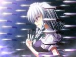  1girl arm_up between_fingers bow braid breasts glint gradient gradient_background hair_bow hatomura_(tareneko_club) izayoi_sakuya knife maid_headdress profile short_hair short_sleeves silver_hair smirk solo touhou twin_braids violet_eyes 