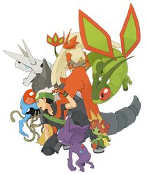  1boy aggron bellossom blaziken flygon full_body nekonekoyukai poke_ball pokemon pokemon_(creature) pokemon_(game) pokemon_rse sableye tentacruel yuuki_(pokemon) 