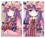  1girl blush bow breasts crescent hair_bow hammer_(sunset_beach) hat large_breasts long_hair looking_at_viewer patchouli_knowledge purple_hair solo touhou violet_eyes 
