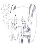 1girl chibi detached_sleeves drooling hatsune_miku headphones kochouran long_hair monochrome necktie simple_background skirt solo tears text thick_eyebrows thigh_boots thighhighs twintails vocaloid white_background 