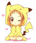  1girl aikatsu! alternate_costume arisugawa_otome blush brown_eyes brown_hair heart mirai_(sugar) pikachu pokemon smile solo wink 