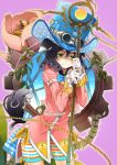  1girl animal_ears black_hair chiharu_(nekomimibousi96) clover curly_hair dog_ears dog_tail fang flower four-leaf_clover gears gloves goggles_on_hat green_eyes hat jacket leaf original plant ribbon short_hair shorts smile solo staff striped striped_shorts tail top_hat white_gloves 
