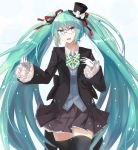  1girl bespectacled bowtie glasses gloves green_eyes green_hair hair_ribbon hat hatsune_miku long_hair mini_top_hat ribbon skirt solo thighhighs top_hat twintails very_long_hair vocaloid 