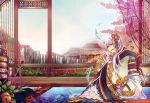  1girl aquarium bell cherry_blossoms curtains domco east_asian_architecture fish flower hair_flower hair_ornament horns japanese_clothes kimono obi pixiv_fantasia pixiv_fantasia_new_world plant rope water waterfall 