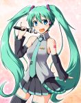  1girl aqua_eyes detached_sleeves green_hair hatsune_miku headset kobadai long_hair microphone necktie open_mouth pinky_out skirt solo thigh-highs twintails very_long_hair vocaloid 