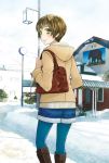  1girl artist_request bicycle brown_hair elephant green_eyes looking_back original short_hair snow solo 