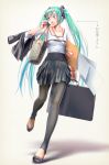  1girl bag black_legwear blush briefcase casual flats green_hair hair_ornament hatsune_miku holding_clothes leggings legs long_hair multicolored_eyes open_mouth skirt solo twintails very_long_hair vocaloid wokada 