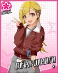  1girl blonde_hair bomber_jacket character_name earrings eyeshadow fujimoto_rina hand_in_pocket idolmaster idolmaster_cinderella_girls jewelry jpeg_artifacts lipstick long_hair looking_at_viewer makeup nail_polish official_art pink_background smile solo star starry_background v 