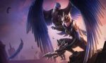  1girl bird bow_(weapon) breastplate cape crossbow feathers forehead_protector league_of_legends official_art purple_hair quinn short_hair tagme valor_(league_of_legends) weapon yellow_eyes 