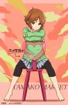  1girl barefoot brown_eyes brown_hair chair highres kanau leggings makino_kanna short_hair sweater tamako_market 