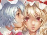  2girls blonde_hair blue_hair chin_rest close-up face flandre_scarlet flat_gaze kachou lips looking_away multiple_girls parted_lips profile red_eyes remilia_scarlet siblings silver_hair sisters touhou wrist_cuffs 