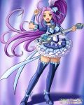  1girl boots choker cure_beat earrings electric_guitar frilled_skirt guitar hair_ribbon heart highres instrument jewelry kurokawa_ellen long_hair looking_at_viewer magical_girl onoe open_mouth precure purple_hair ribbon side_ponytail siren_(suite_precure) skirt solo suite_precure thigh-highs thigh_boots v watermark web_address yellow_eyes 