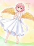  1girl barefoot green_eyes happy harpy_(puyopuyo) pink_hair puyopuyo short_hair skirt solo tagme wings yuyuzuki_(yume_usagi) 
