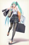  1girl bag black_legwear blush briefcase casual flats green_hair hair_ornament hatsune_miku holding_clothes leggings legs long_hair multicolored_eyes open_mouth skirt solo twintails very_long_hair vocaloid wokada 