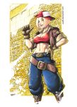  1girl backwards_hat baggy_pants baseball_cap belt blonde_hair blue_eyes blue_mary bomber_jacket boots breasts brick_wall cropped_jacket cross-laced_footwear fatal_fury fernando_kazuo_miyahara gloves hat highres jewelry king_of_fighters knee_boots lace-up_boots large_breasts midriff navel necklace open_clothes open_jacket pointing pointing_at_self short_hair sleeves_rolled_up slender_waist solo straight_hair tubetop 