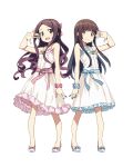  2girls absurdres blush brown_eyes brown_hair claris_(group) dress happy highres jewelry kanzaki_hiro long_hair multiple_girls nail_polish necklace ribbon shoes simple_background smile 